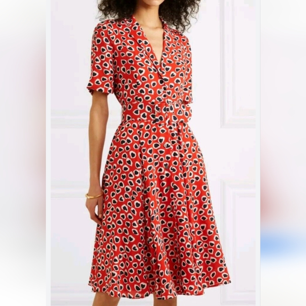 J.CREW Rudbeckia Shirt-Dress Heart Print Swingy Red Ivory Crepe Hourglass Size 8